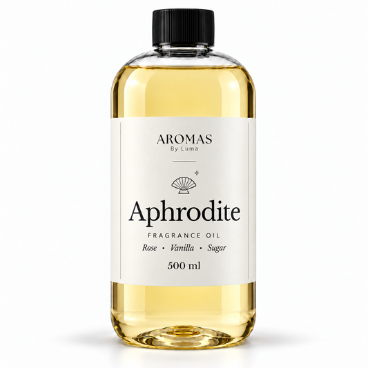 Aphrodite 500 mL fragrance oil by Aromas By Luma with Rose, Vanilla and Sugar notes, shown on a white background.
