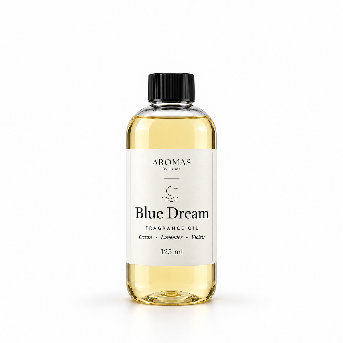 Blue Dream fragrance oil by Aromas By Luma, 125 ml bottle with Ocean, Lavender and Violets on the label