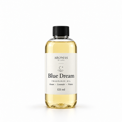 Blue Dream fragrance oil by Aromas By Luma, 125 ml bottle with Ocean, Lavender and Violets on the label
