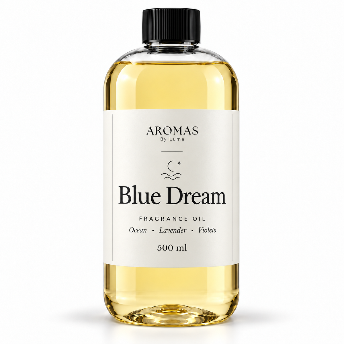 Blue Dream fragrance oil by Aromas By Luma, 500 ml bottle with Ocean, Lavender and Violets on the label