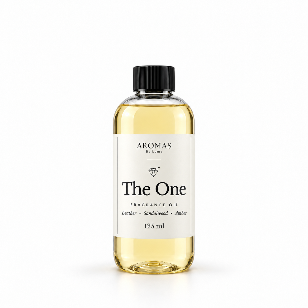 The One fragrance oil by Aromas By Luma, 125 ml bottle with Leather, Sandalwood and Amber on the label