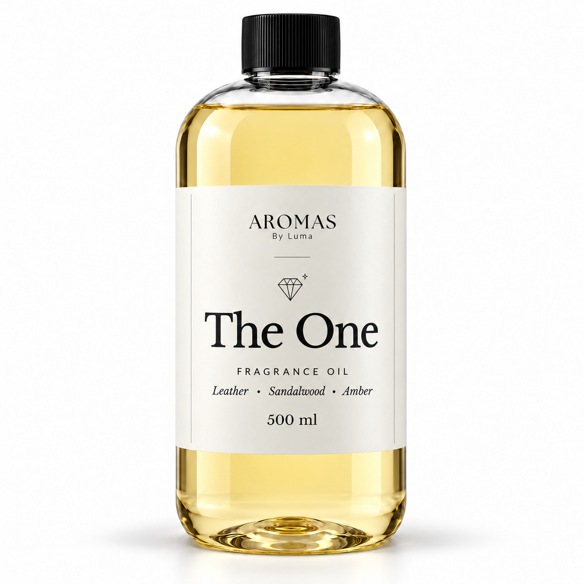 The One fragrance oil by Aromas By Luma, 500 ml bottle with Leather, Sandalwood and Amber on the label