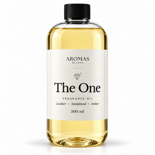 The One fragrance oil by Aromas By Luma, 500 ml bottle with Leather, Sandalwood and Amber on the label
